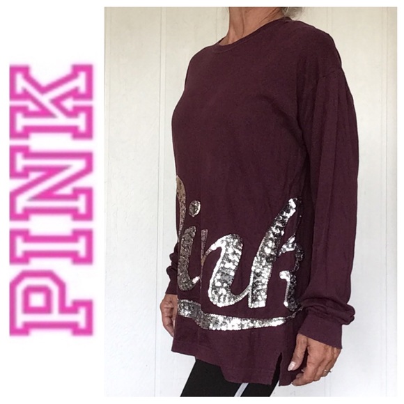 PINK VICTORIAS SECRET OVERSIZED SEQUIN LONG SLEEVE TEE SHIRT MEDIUM - Picture 2 of 13